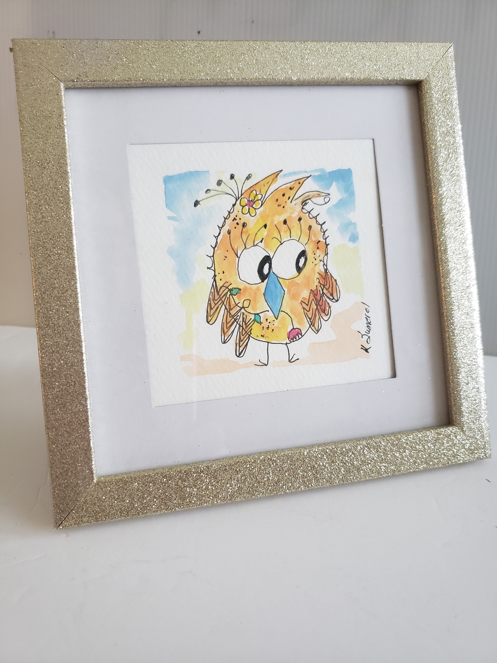 Original Framed Yellow Owl Watercolor Art  Decorative Home Accent